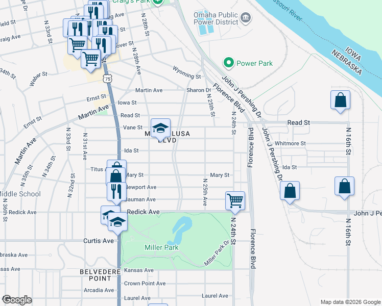 map of restaurants, bars, coffee shops, grocery stores, and more near 2573 Whitmore Street in Omaha