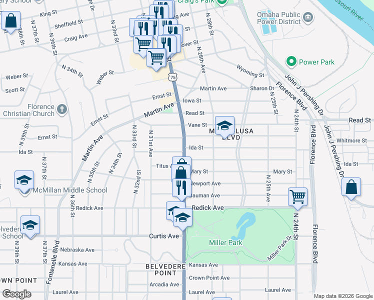 map of restaurants, bars, coffee shops, grocery stores, and more near in Omaha