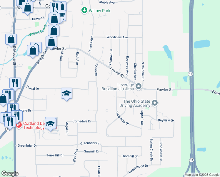 map of restaurants, bars, coffee shops, grocery stores, and more near 320 Maplewood Drive in Cortland