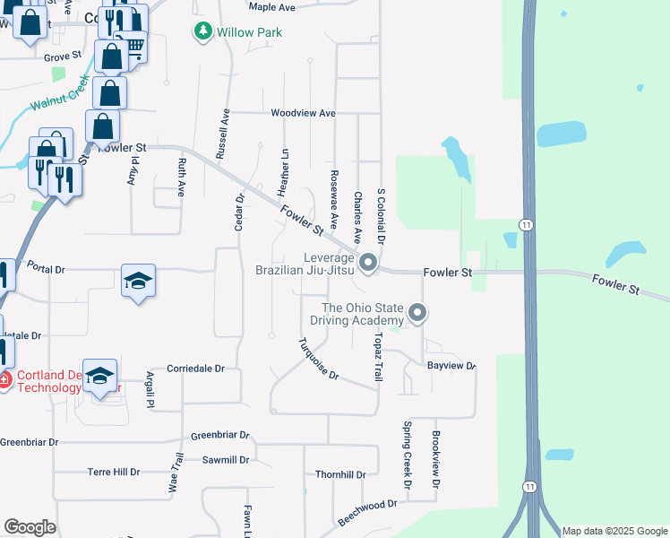 map of restaurants, bars, coffee shops, grocery stores, and more near 456 Fowler Street in Cortland