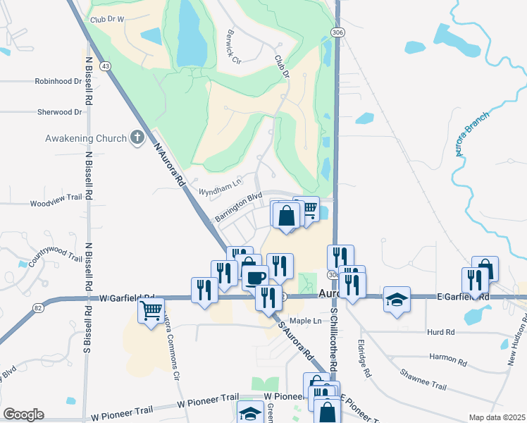 map of restaurants, bars, coffee shops, grocery stores, and more near 221 Nottingham Drive in Aurora