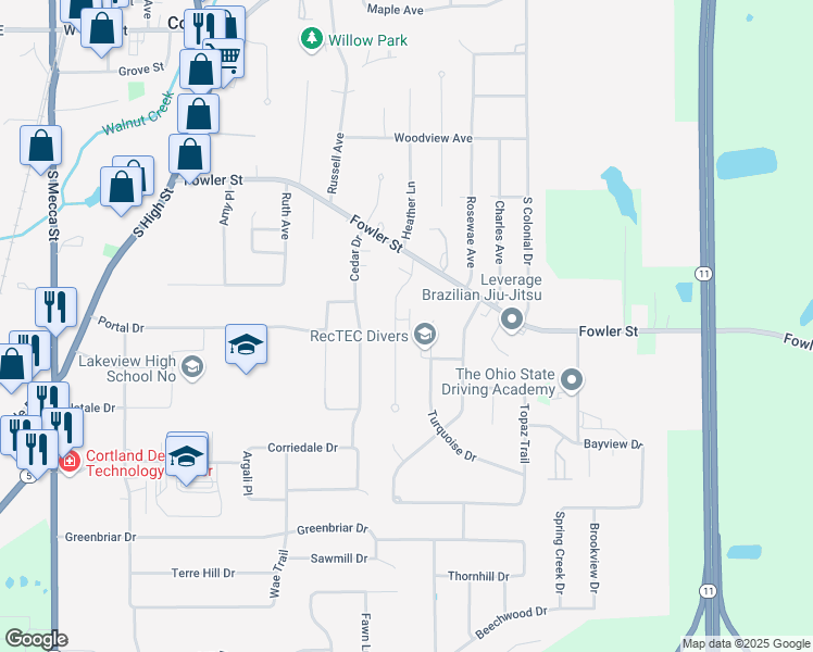 map of restaurants, bars, coffee shops, grocery stores, and more near 340 Maplewood Drive in Cortland