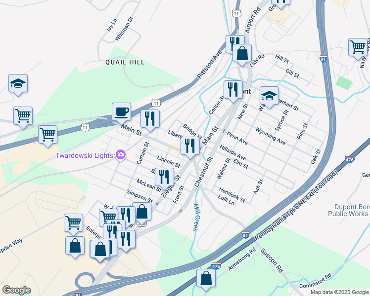 map of restaurants, bars, coffee shops, grocery stores, and more near 328 Liberty St in Dupont
