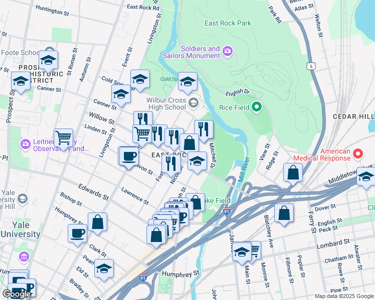 map of restaurants, bars, coffee shops, grocery stores, and more near 258 Nicoll Street in New Haven