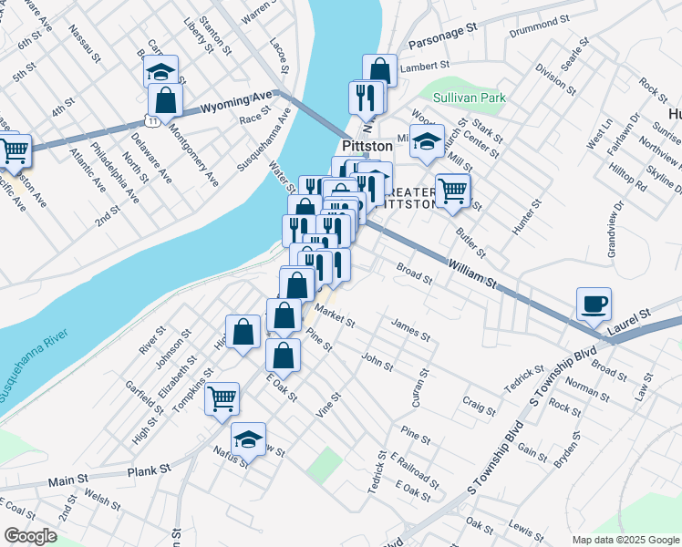map of restaurants, bars, coffee shops, grocery stores, and more near 11 Charles Street in Pittston
