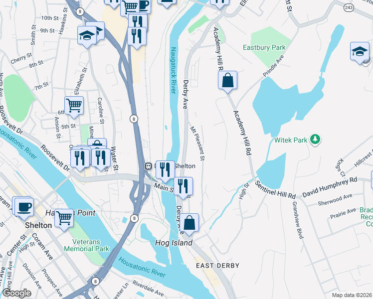 map of restaurants, bars, coffee shops, grocery stores, and more near 169 Derby Avenue in Derby