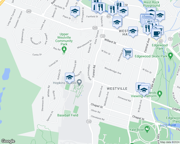 map of restaurants, bars, coffee shops, grocery stores, and more near 49 Edgewood Way in New Haven