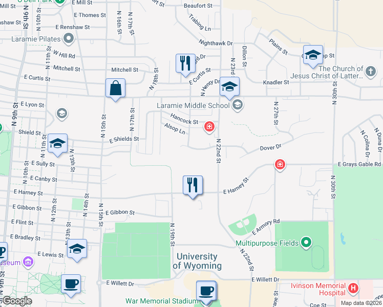 map of restaurants, bars, coffee shops, grocery stores, and more near 2110 East Binford Street in Laramie