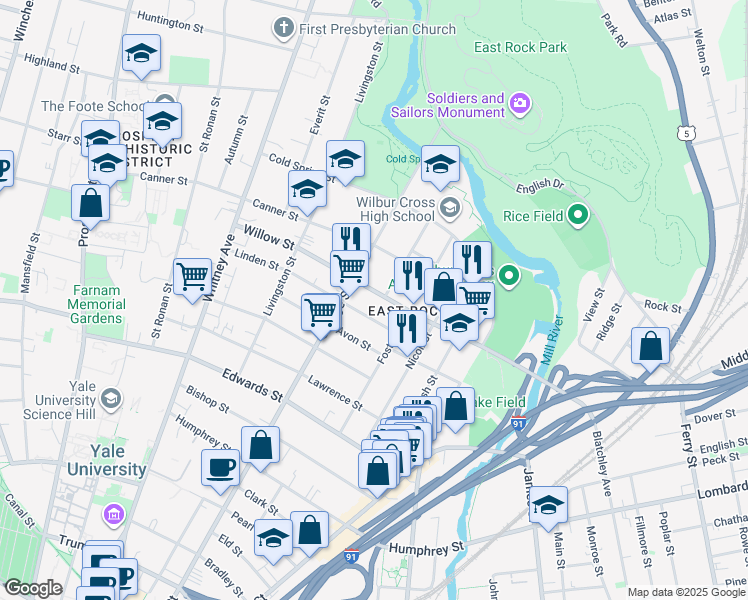 map of restaurants, bars, coffee shops, grocery stores, and more near 14 Anderson Street in New Haven