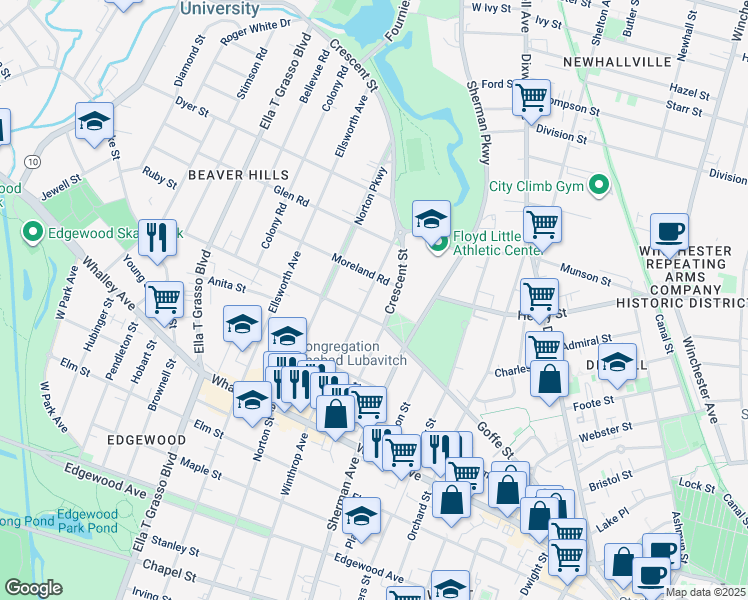 map of restaurants, bars, coffee shops, grocery stores, and more near 628 Winthrop Avenue in New Haven