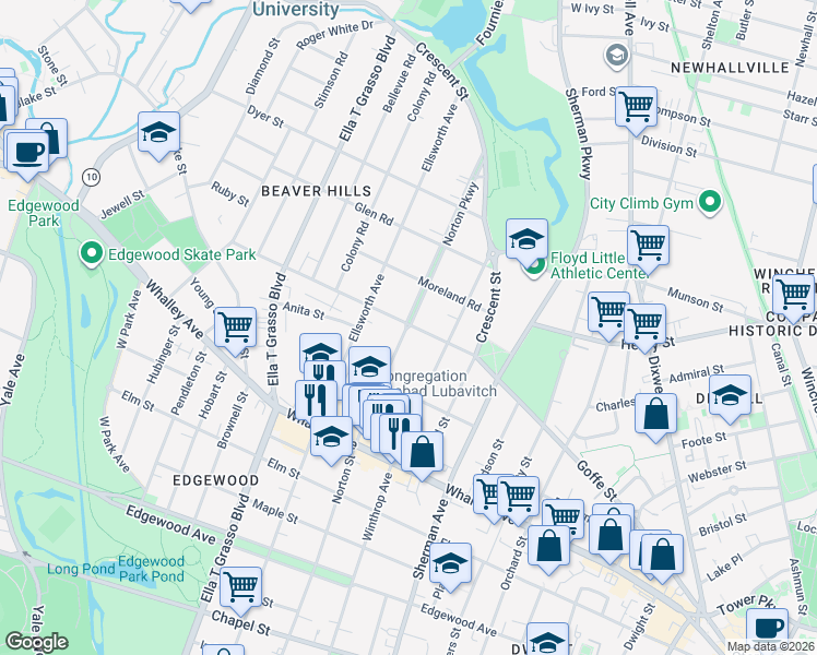 map of restaurants, bars, coffee shops, grocery stores, and more near in New Haven