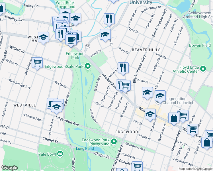 map of restaurants, bars, coffee shops, grocery stores, and more near 642 Whalley Avenue in New Haven