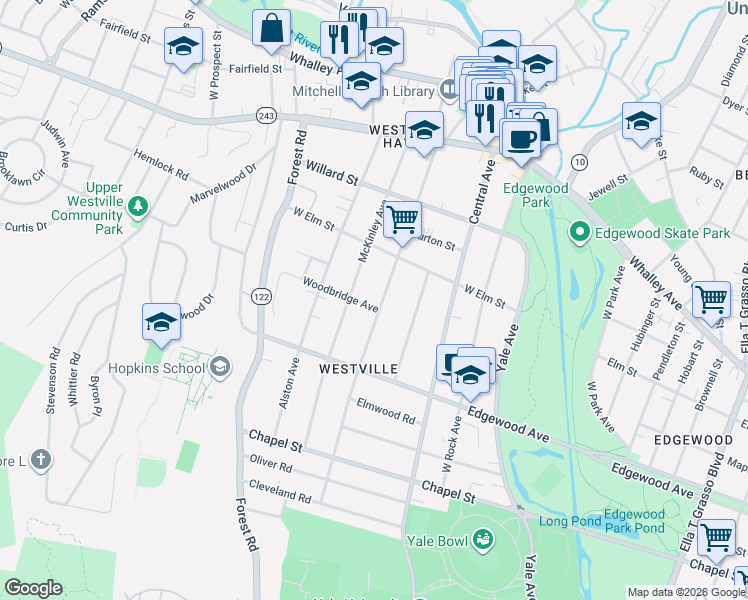 map of restaurants, bars, coffee shops, grocery stores, and more near 213 Alden Avenue in New Haven