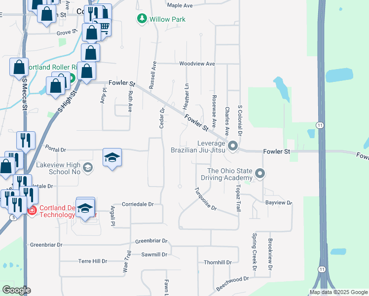 map of restaurants, bars, coffee shops, grocery stores, and more near 293 Maplewood Drive in Cortland