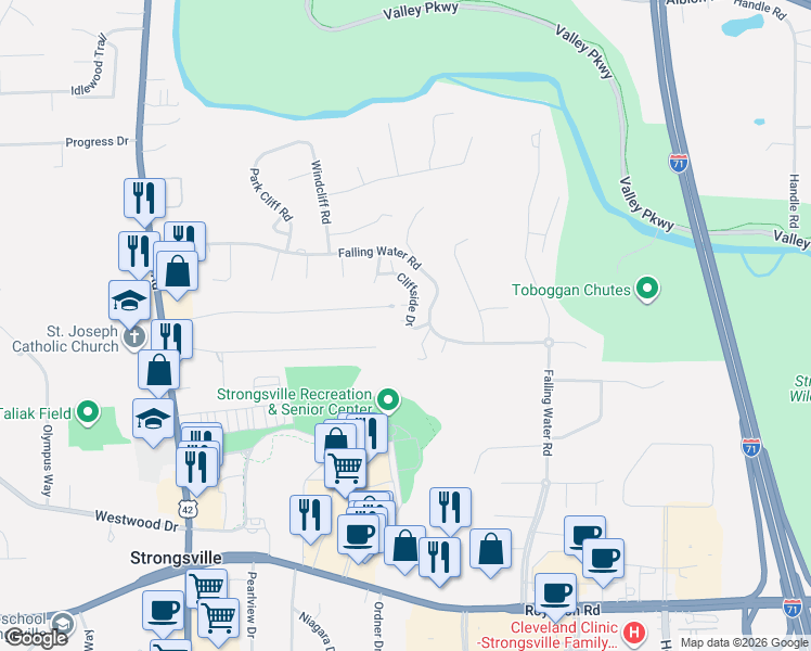map of restaurants, bars, coffee shops, grocery stores, and more near 17843 Hollowrun Place in Strongsville