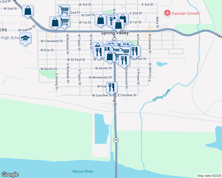 map of restaurants, bars, coffee shops, grocery stores, and more near 112 West Iowa Street in Spring Valley