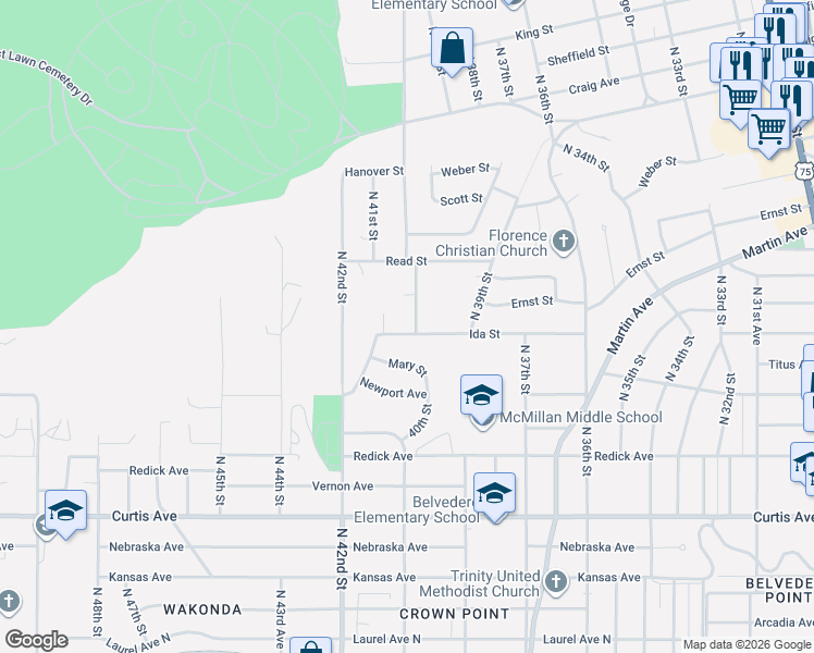 map of restaurants, bars, coffee shops, grocery stores, and more near 6918 North 40th Street in Omaha