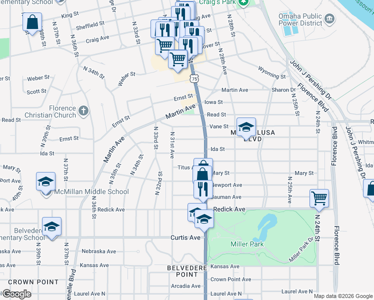 map of restaurants, bars, coffee shops, grocery stores, and more near 3033 Whitmore Street in Omaha