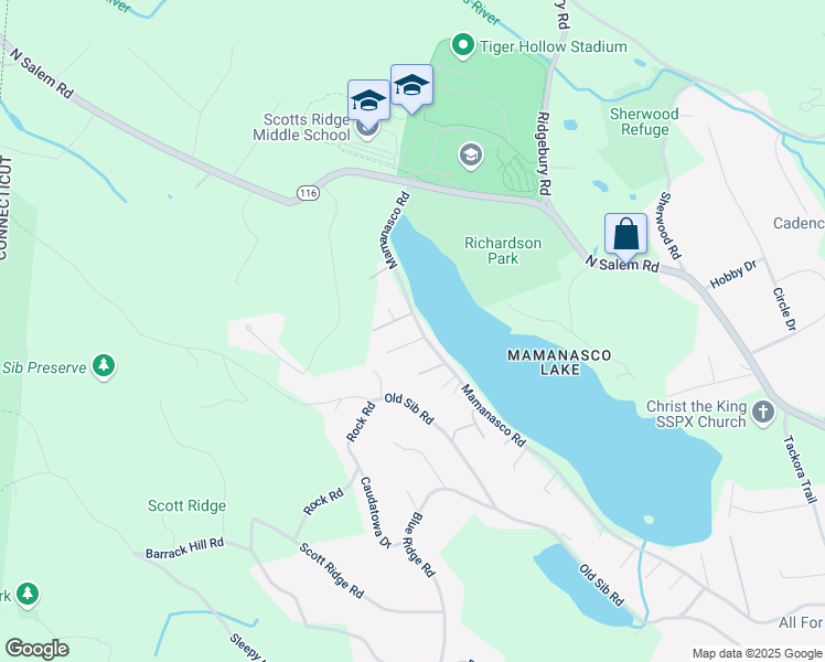 map of restaurants, bars, coffee shops, grocery stores, and more near 255 Mamanasco Road in Ridgefield