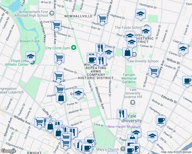 map of restaurants, bars, coffee shops, grocery stores, and more near 124 Munson Street in New Haven