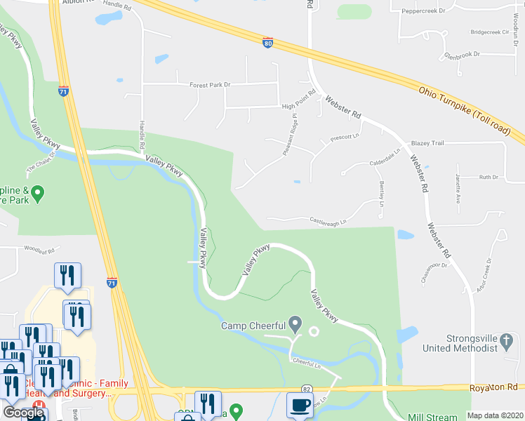 map of restaurants, bars, coffee shops, grocery stores, and more near 14388 Castlereagh Lane in Strongsville