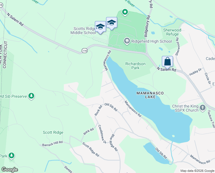 map of restaurants, bars, coffee shops, grocery stores, and more near 255 Mamanasco Road in Ridgefield