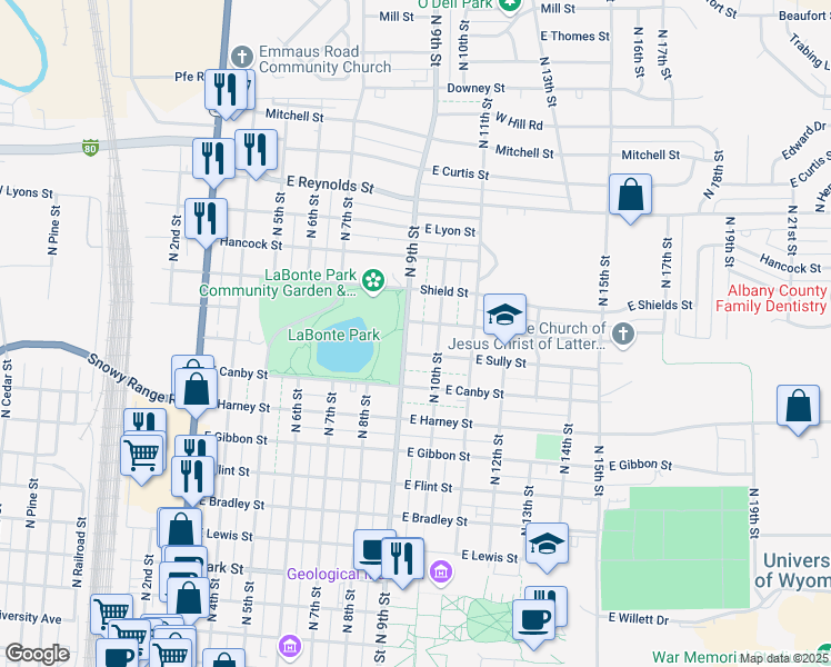 map of restaurants, bars, coffee shops, grocery stores, and more near 1152 North 10th Street in Laramie