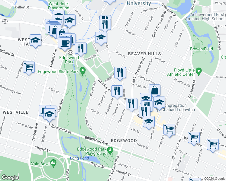 map of restaurants, bars, coffee shops, grocery stores, and more near 595 Whalley Avenue in New Haven