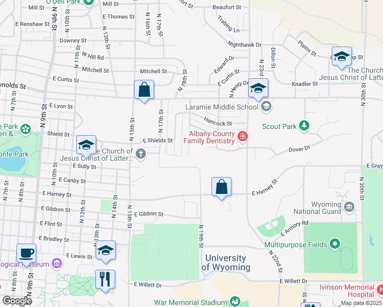 map of restaurants, bars, coffee shops, grocery stores, and more near 2024 East Binford Street in Laramie