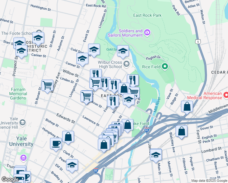 map of restaurants, bars, coffee shops, grocery stores, and more near 196 Foster Street in New Haven