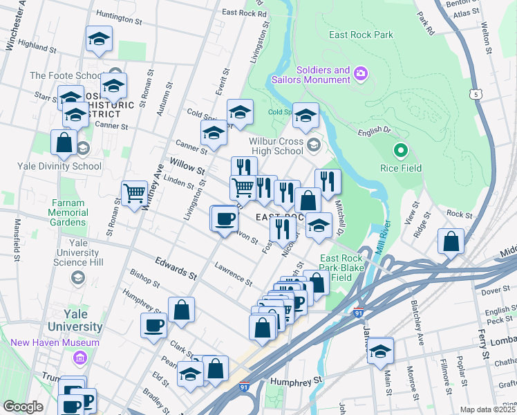 map of restaurants, bars, coffee shops, grocery stores, and more near 14 Anderson Street in New Haven
