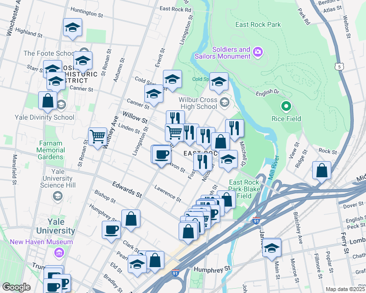 map of restaurants, bars, coffee shops, grocery stores, and more near 14 Anderson Street in New Haven
