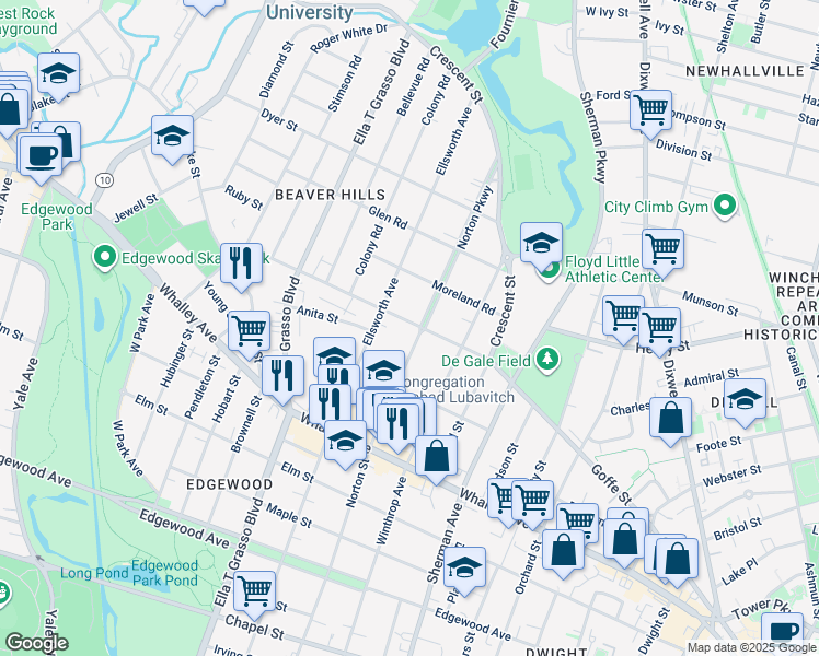 map of restaurants, bars, coffee shops, grocery stores, and more near 445 Ellsworth Avenue in New Haven