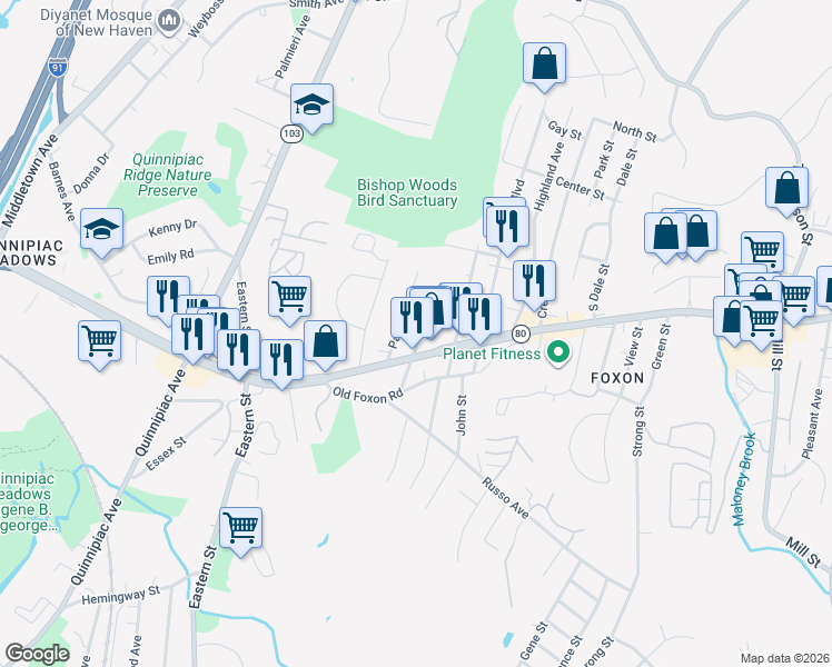 map of restaurants, bars, coffee shops, grocery stores, and more near 50 Michael Street in East Haven