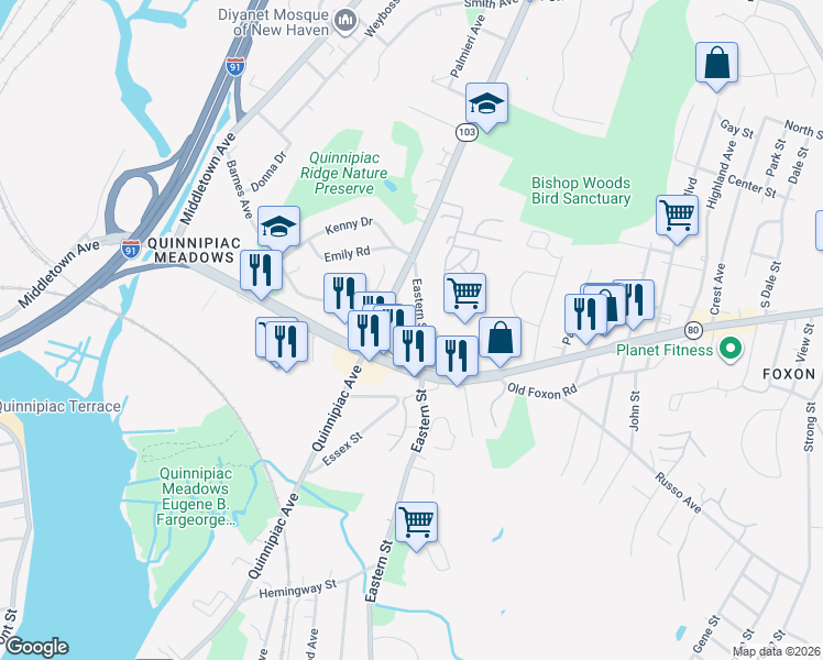 map of restaurants, bars, coffee shops, grocery stores, and more near 530 Eastern Street in New Haven
