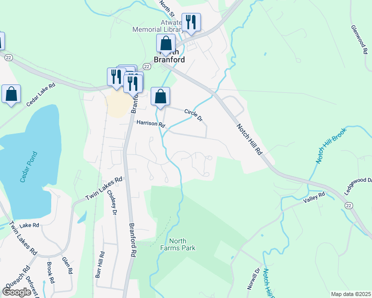 map of restaurants, bars, coffee shops, grocery stores, and more near 229 Branford Road in North Branford