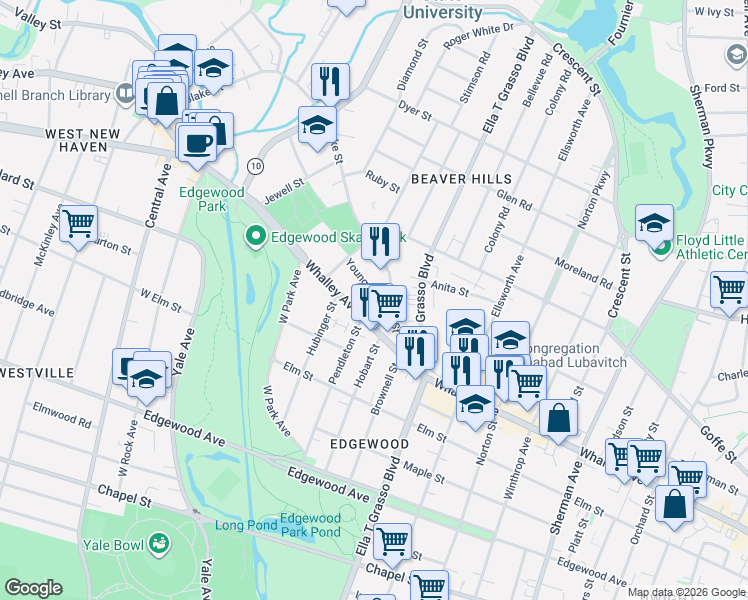 map of restaurants, bars, coffee shops, grocery stores, and more near 34 Whittlesey Avenue in New Haven