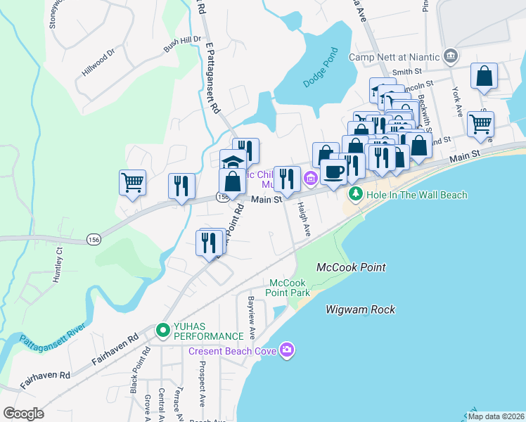 map of restaurants, bars, coffee shops, grocery stores, and more near 457 Main Street in East Lyme