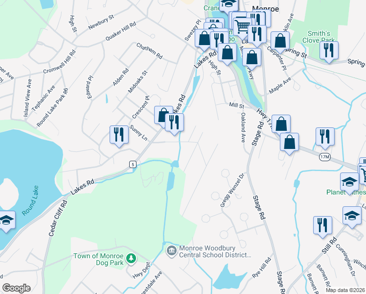 map of restaurants, bars, coffee shops, grocery stores, and more near 25 Center Hill Road in Monroe