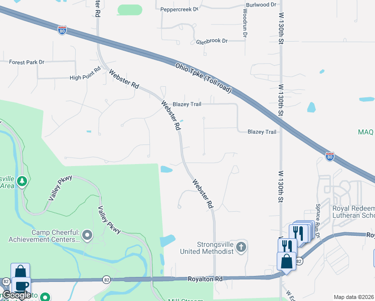 map of restaurants, bars, coffee shops, grocery stores, and more near 12621 Webster Road in Strongsville