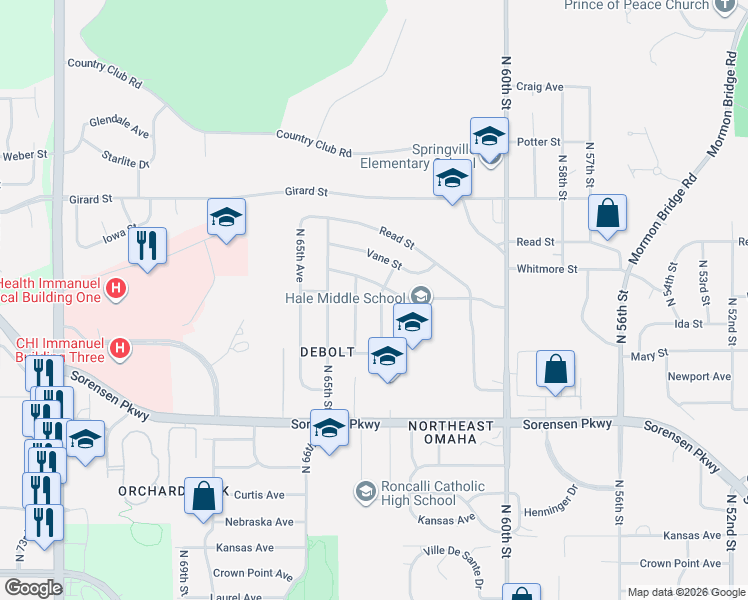 map of restaurants, bars, coffee shops, grocery stores, and more near 6315 Whitmore Street in Omaha