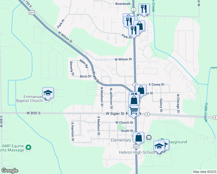 map of restaurants, bars, coffee shops, grocery stores, and more near 402 North Jefferson Street in Hebron