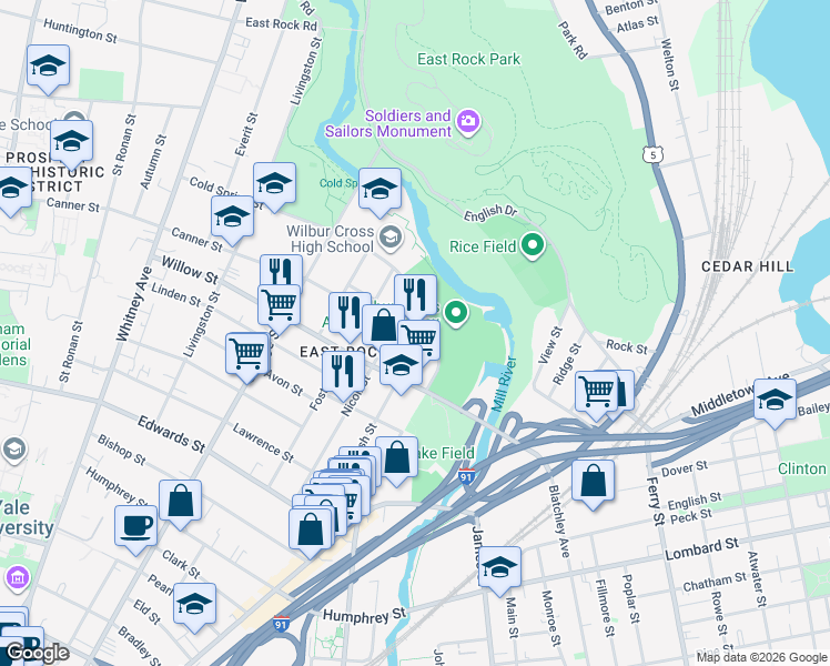 map of restaurants, bars, coffee shops, grocery stores, and more near 285 Nicoll Street in New Haven