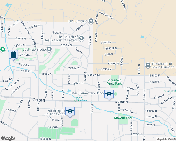map of restaurants, bars, coffee shops, grocery stores, and more near 3358 North 700 East in North Ogden