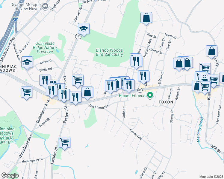 map of restaurants, bars, coffee shops, grocery stores, and more near 75 Paul Street in East Haven