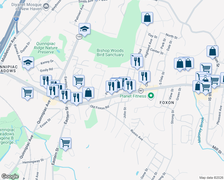 map of restaurants, bars, coffee shops, grocery stores, and more near 75 Paul Street in East Haven