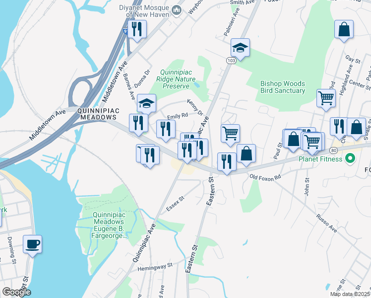 map of restaurants, bars, coffee shops, grocery stores, and more near 235 Barnes Avenue in New Haven