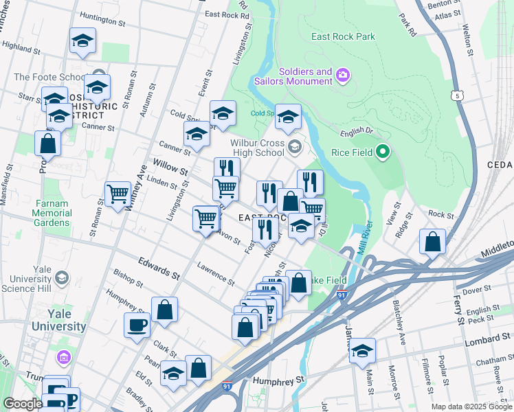 map of restaurants, bars, coffee shops, grocery stores, and more near 14 Anderson Street in New Haven