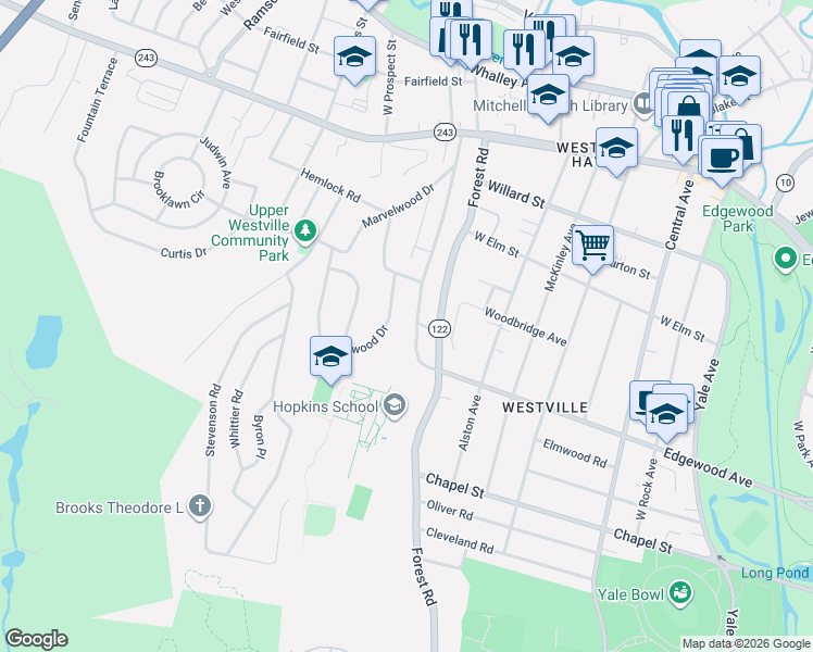 map of restaurants, bars, coffee shops, grocery stores, and more near 55 Knollwood Drive in New Haven