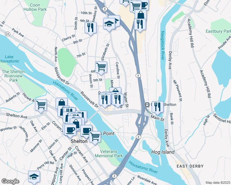 map of restaurants, bars, coffee shops, grocery stores, and more near 159 Caroline Street in Derby